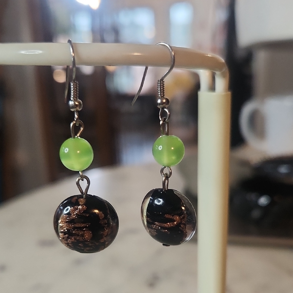 Murano Glass Gold Dust Black & Green Moonstone Dangle Earrings | Handmade